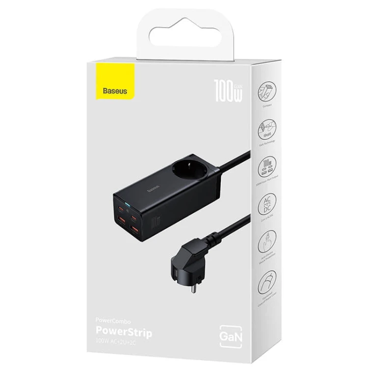 Ładowarka sieciowa / listwa zasilająca Baseus GaN3 Pro 2x USB + 2xUSB-C + AC, 100W (czarna)