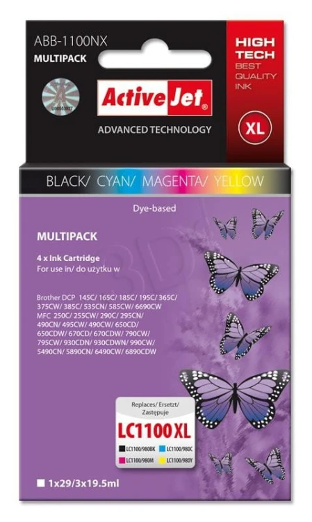 Activejet ABB-1100NX Tusz  (zamiennik Brother LC1100/980; Supreme; 1 x 29 ml, 3 x 19.5 ml; czarny, czerwony, niebieski, żółty)
