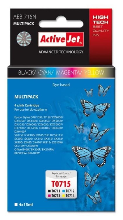 Activejet AEB-715N Tusz (zamiennik Epson T0715; Supreme; 4 x 15 ml; czarny, czerwony, niebieski, żółty)