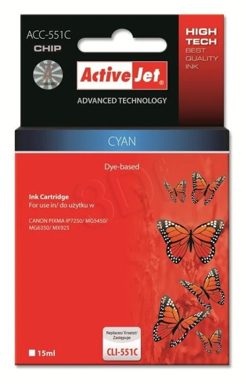 Activejet ACC-551CN Tusz (zamiennik Canon CLI-551C; Supreme; 15 ml; niebieski)