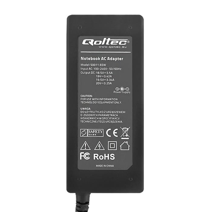 Zasilacz Qoltec 50011 do notebooka (18,5 V, 19 V, 19,5 V, 20 V; 3,25 A, 3,42 A, 3,5 A; 65W; 4.8 mm, 5.0 mm, 5.5 mm, 6.5 mm, 7.4 mm x 1.7 mm, 2.5 mm, 3