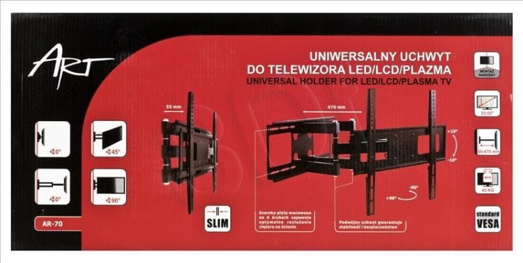 Uchwyt ścienny do telewizora ART AR-70 (Obrotowy, Uchylny; 23" - 55"; max. 45kg)