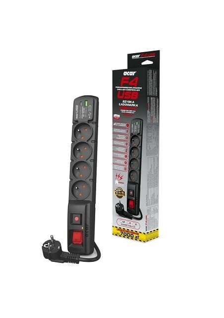 Listwa przeciwprzepięciowa Acar F4 USB A+C (szybka ładowarka) 5m ; czarny