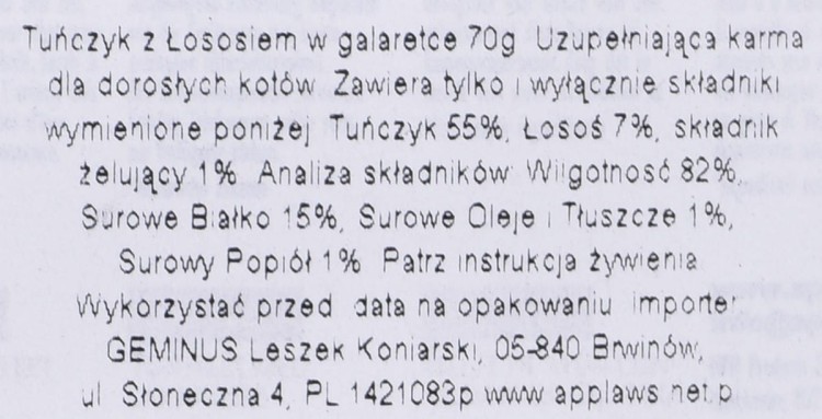 APPLAWS CAT Tuńczyk z Łososiem w galaretce - karma dla kota w saszetce - 70g