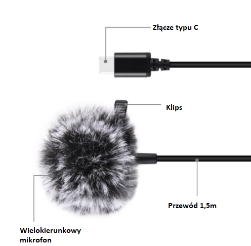 Mikrofon Jack Puluz krawatowy z klipsem PU425 1,5m USB-C 2