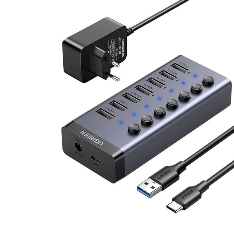 Hub UGREEN 7w1 USB-C, 7x USB-A 3.0 12V 2A CM481(czarny) 1