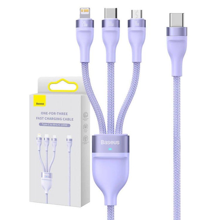 Kabel USB 3w1 Baseus Flash Series 2, USB-C + micro USB + Lightning, 100W, 1.5m (fioletowy) 1
