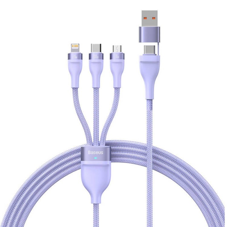 Kabel USB 3w1 Baseus Flash Series 2, USB-C + micro USB + Lightning, 100W, 1.5m (fioletowy) 2