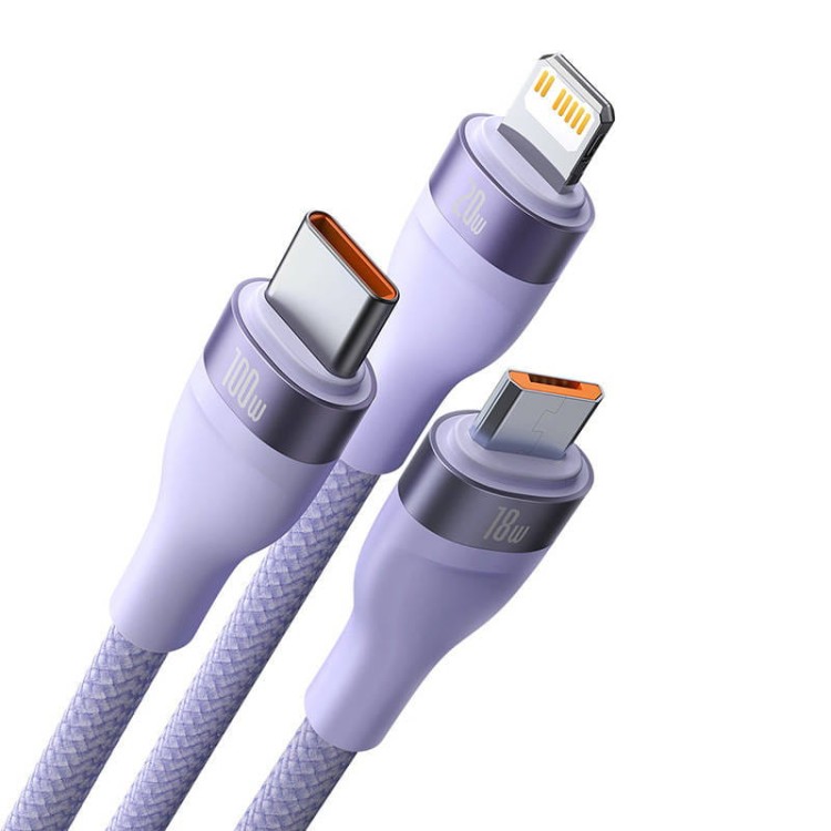Kabel USB 3w1 Baseus Flash Series 2, USB-C + micro USB + Lightning, 100W, 1.5m (fioletowy) 3