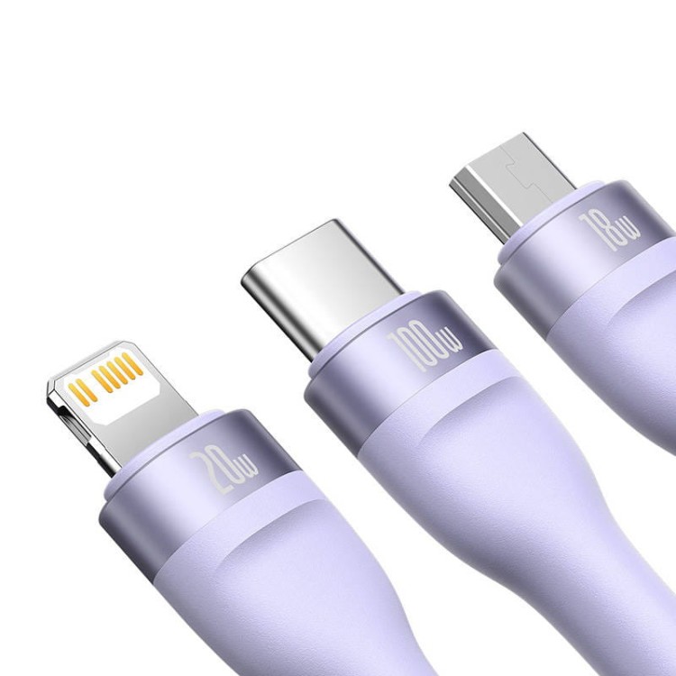 Kabel USB 3w1 Baseus Flash Series 2, USB-C + micro USB + Lightning, 100W, 1.5m (fioletowy) 4
