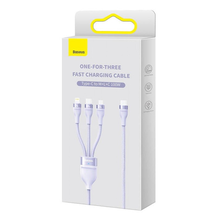 Kabel USB 3w1 Baseus Flash Series 2, USB-C + micro USB + Lightning, 100W, 1.5m (fioletowy) 6