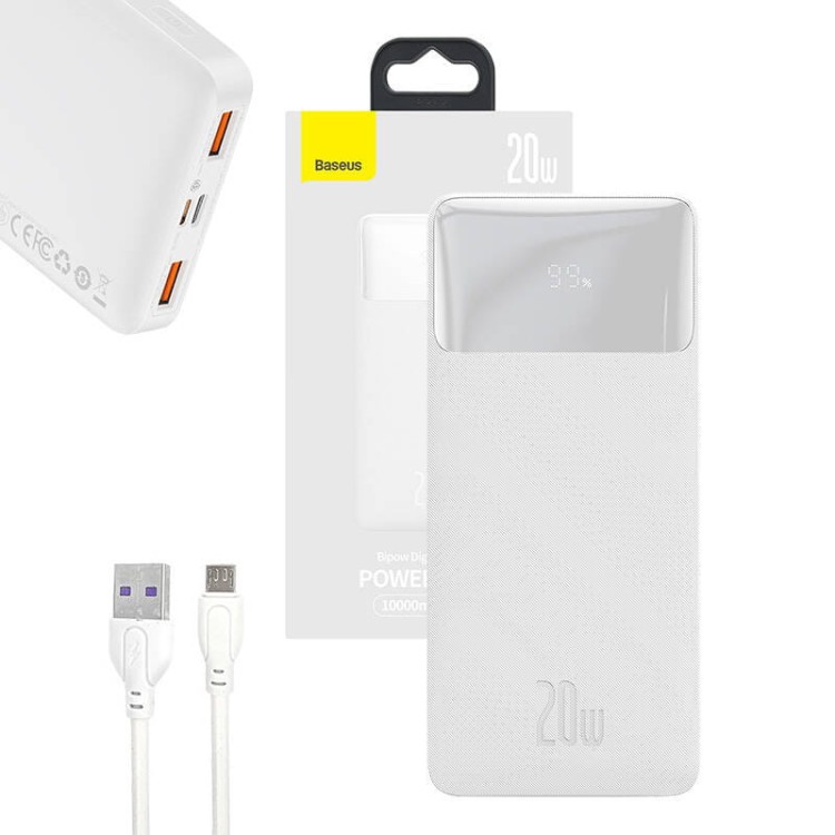 Powerbank Baseus Bipow 10000mAh, 2xUSB, USB-C, 20W (biały) 6