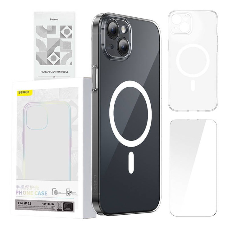 Etui ochronne Baseus Magnetic Crystal Clear do iPhone 13 (transparentne) + szkło hartowane + zestaw czyszczący 1