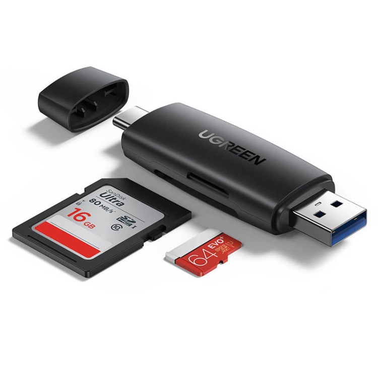 Adapter USB + USB-C UGREEN CM304 czytnik kart SD + microSD (czarny) 1