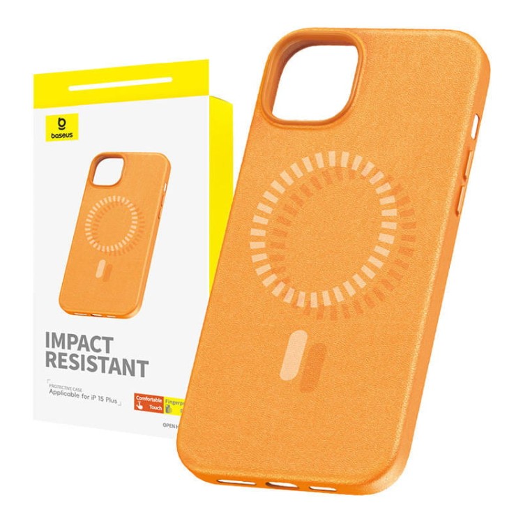 Magnetyczne Etui na telefon iPhone 15 Plus Baseus Fauxther Series (Pomarańczowe) 1