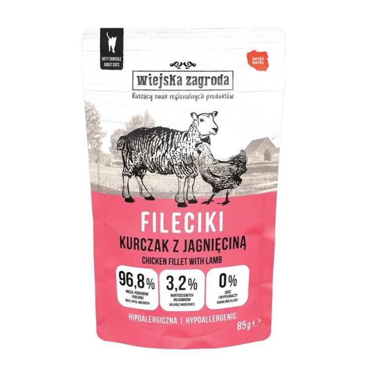 Wiejska Zagroda Karma mokra dla kota Fileciki Kurczak z jagnięciną (dorosły) 85g (12 szt/op)