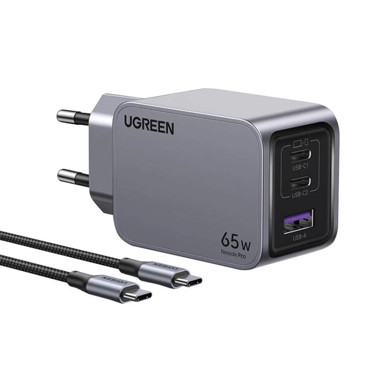 Ładowarka sieciowa Ugreen Nexode Pro, USB + 2x USB-C, 65W + kabel USB-C 1.5m (czarna) 1