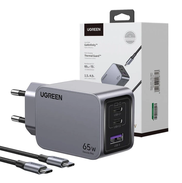 Ładowarka sieciowa Ugreen Nexode Pro, USB + 2x USB-C, 65W + kabel USB-C 1.5m (czarna) 2