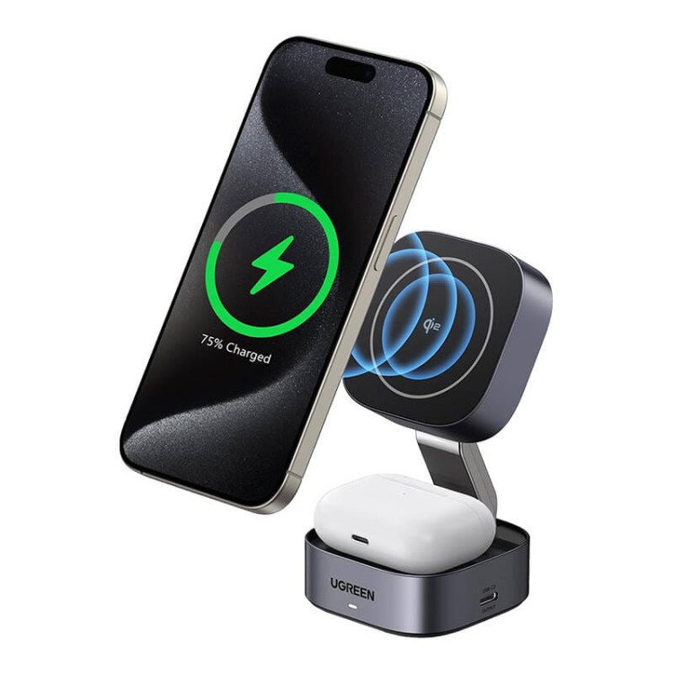 Ładowarka indukcyjna Qi2 2w1 Ugreen W702 do Iphone, AirPods, 15W (szara) 1