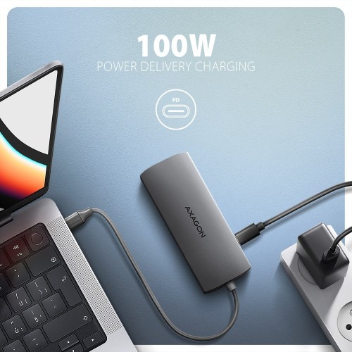 AXAGON HMC-8HLSA Wieloportowy koncentrator USB-C 3.2 Gen 1, 3x USB-A + 4K/60Hz HDMI + SD/microSD, Gigabit LAN, Audio, PD 100W - Srebrny