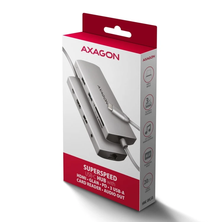 AXAGON HMC-8HLSA Wieloportowy koncentrator USB-C 3.2 Gen 1, 3x USB-A + 4K/60Hz HDMI + SD/microSD, Gigabit LAN, Audio, PD 100W - Srebrny