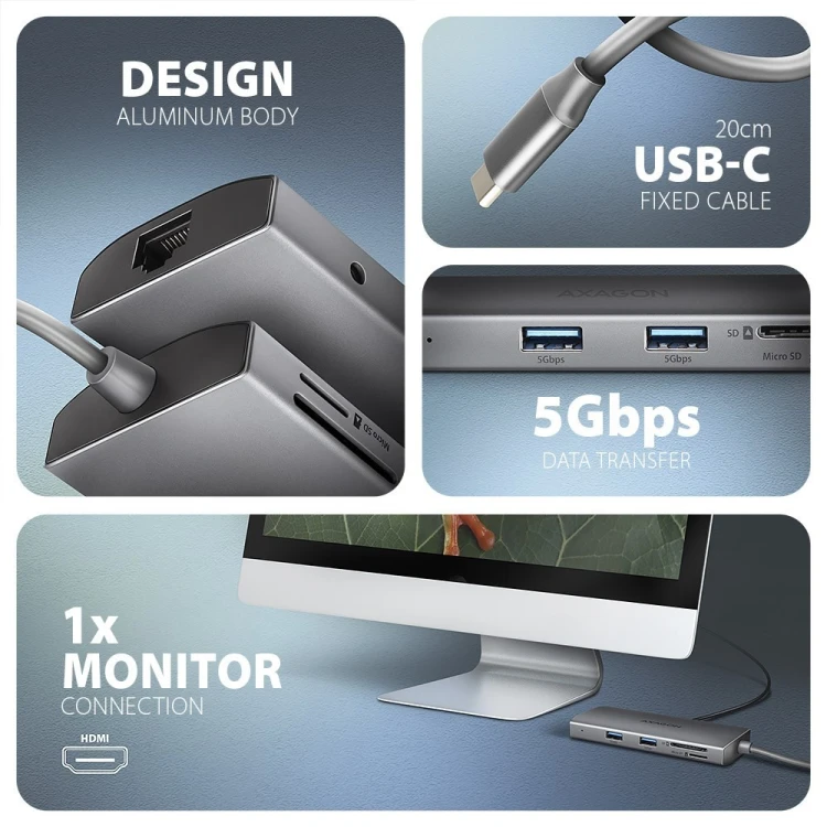 AXAGON HMC-8HLSA Wieloportowy koncentrator USB-C 3.2 Gen 1, 3x USB-A + 4K/60Hz HDMI + SD/microSD, Gigabit LAN, Audio, PD 100W - Srebrny