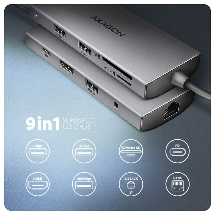 AXAGON HMC-8HLSA Wieloportowy koncentrator USB-C 3.2 Gen 1, 3x USB-A + 4K/60Hz HDMI + SD/microSD, Gigabit LAN, Audio, PD 100W - Srebrny