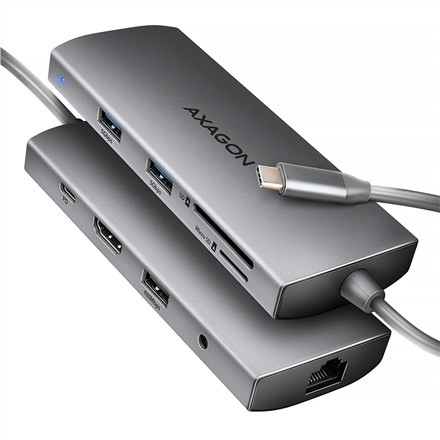AXAGON HMC-8HLSA Wieloportowy koncentrator USB-C 3.2 Gen 1, 3x USB-A + 4K/60Hz HDMI + SD/microSD, Gigabit LAN, Audio, PD 100W - Srebrny