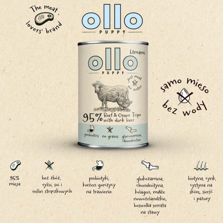 Ollo Puppy Umami Woł. żwacze z Kaczą Wątrobą 850g