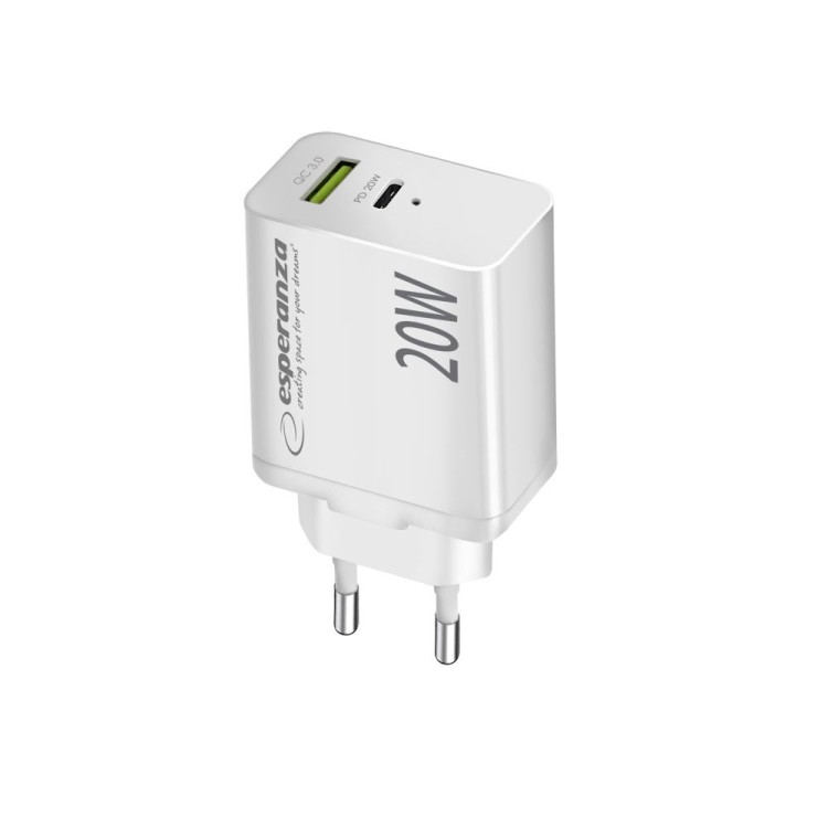 ESPERANZA ŁADOWARKA SIECIOWA 20W USB-C PD 20W / USB-A QC 3.0 18W BIAŁA EZC105W