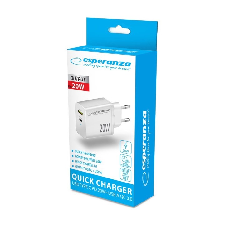 ESPERANZA ŁADOWARKA SIECIOWA 20W USB-C PD 20W / USB-A QC 3.0 18W BIAŁA EZC105W