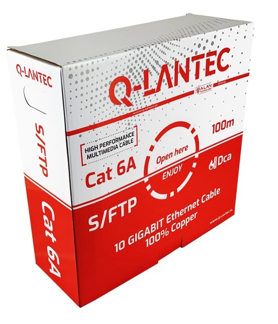 Q-LANTEC Kabel S/FTP kat.6A, sieciowy, skrętka, LSOH, Dca 4x2x23 AWG, 10Gb/s, szary, 100m (KIS6ALSOH100DQ)