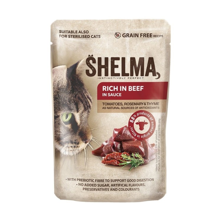 SHELMA saszetka - pełnoporcjowa bezzbożowa karma dla dorosłych kotów. Z łososiem, dorszem, wołowiną i kurczakiem 4x85g