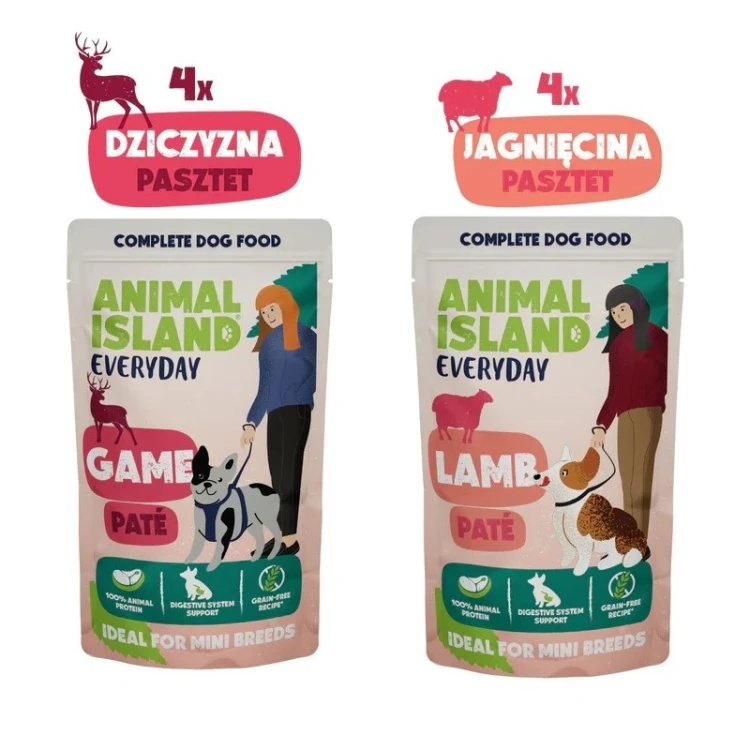 ANIMAL ISLAND Everyday pasztet, saszetka pies 8 szt; 150g x 4 szt dziczyzna, 150g x 4 szt jagnięcina
