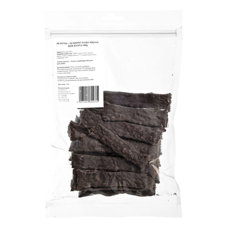 PETITTO – Suszone paski mięsne – dziczyzna - przysmak dla psa 400g