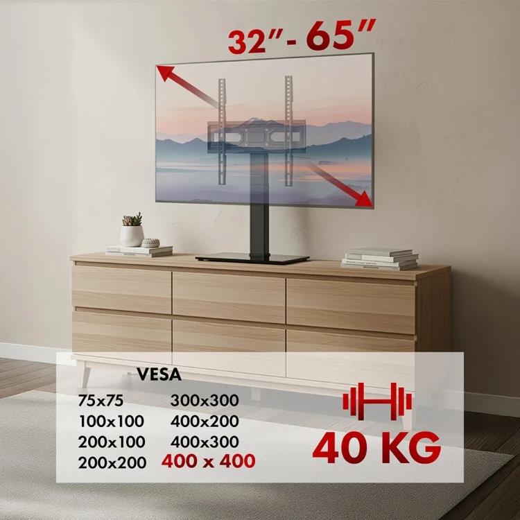 MACLEAN UNIWERSALNY STOJAK DO TV, NA SZAFKĘ RTV, PODSTAWKA, MAX. 40KG, MAX. VESA 400X400, REGULACJA WYSOKOŚCI I KĄTA MC-1240