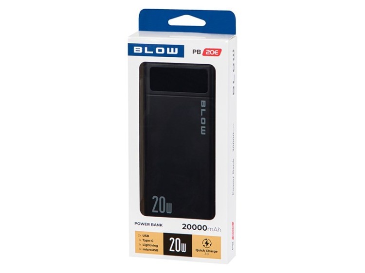 BLOW POWER BANK 20000MAH QC+PD 20W + LIGHTNING CZARNY PB20E