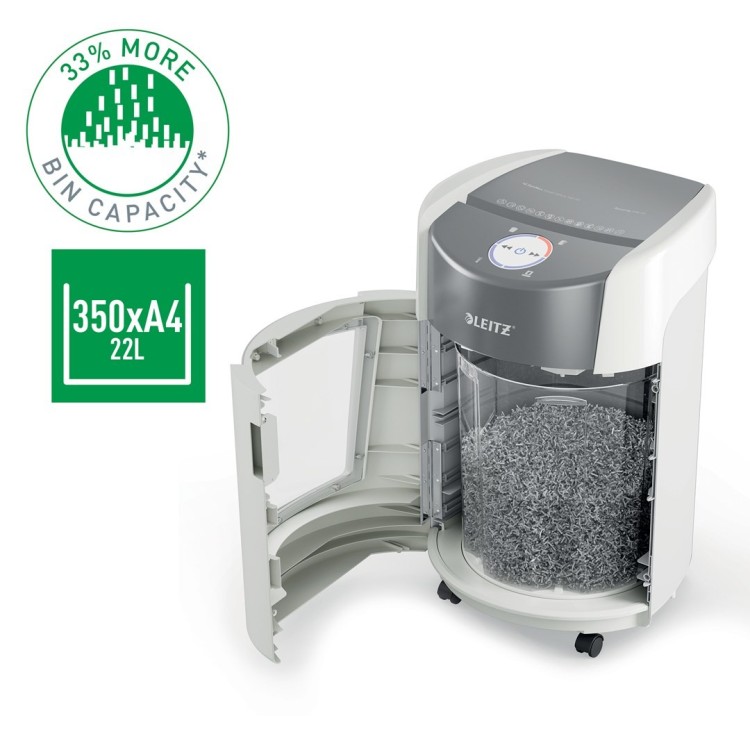 Niszczarka Leitz IQ OptiMax Small Office 350, 22l, P5, 8 kartek, Automatyczny Start/Stop, Funkcja cofania, Obrotowy pojemnik - 33% większa pojemność n