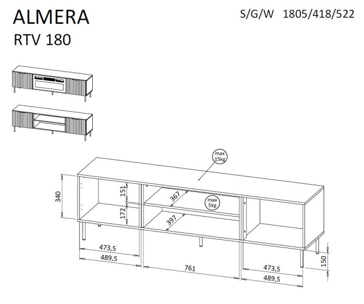 Szafka RTV ALMERA 180,5x42x52,5 orzech/kaszmir