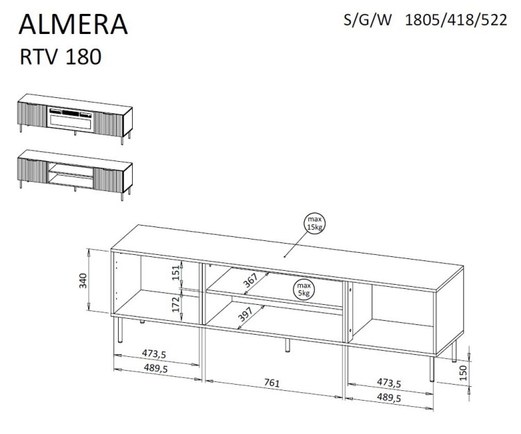 Szafka RTV ALMERA 180,5x42x52,5 orzech/kaszmir + kominek czarny
