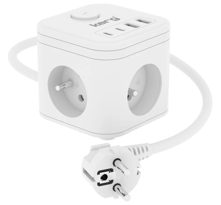 kerg smart – kostka zasilająca 3-gniazdowa + ładowarka USB-A+USB-C 1,5m 3×1,5mm2 H05VV-F 16A/250V~