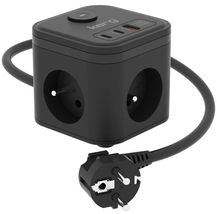 kerg smart – kostka zasilająca 3-gniazdowa + szybka ładowarka USB-A+USB-C 1,5m 3×1,5mm2 H05VV-F 16A/250V~