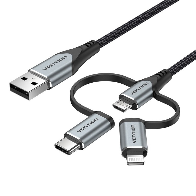 Kabel Vention USB-A  3w1 Micro-B USB-C Lightning 1m szary