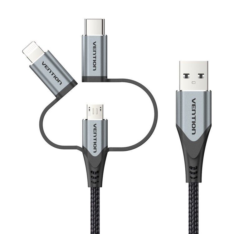Kabel Vention USB-A  3w1 Micro-B USB-C Lightning 1m szary