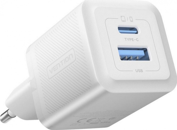 Ładowarka Vention 1x USB-A 1x USB-C GaN 30W biała