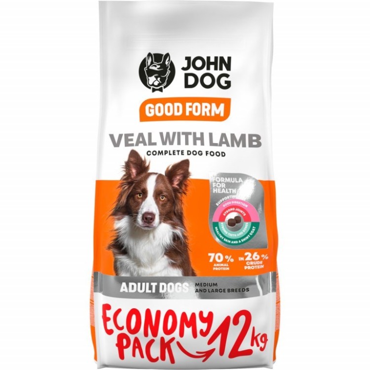 JOHN DOG Good Form Adult Średnie i duże rasy Cielęcina z jagnięciną - sucha karma dla psa - 12 kg