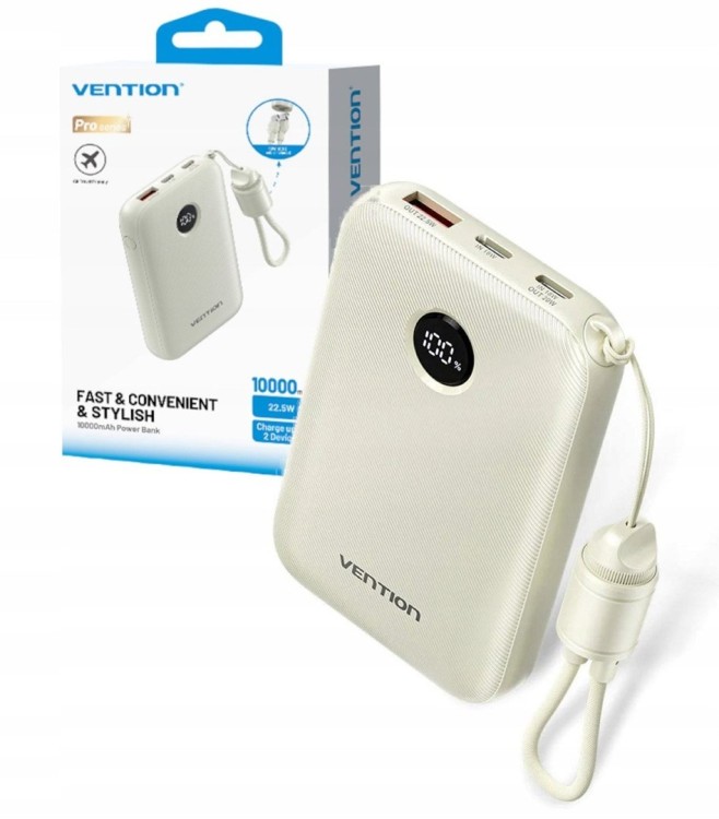 Powerbank Vention 10000mAh 2 x USB-C 1x USB-A z wyświetlaczem 22,5W beżowy