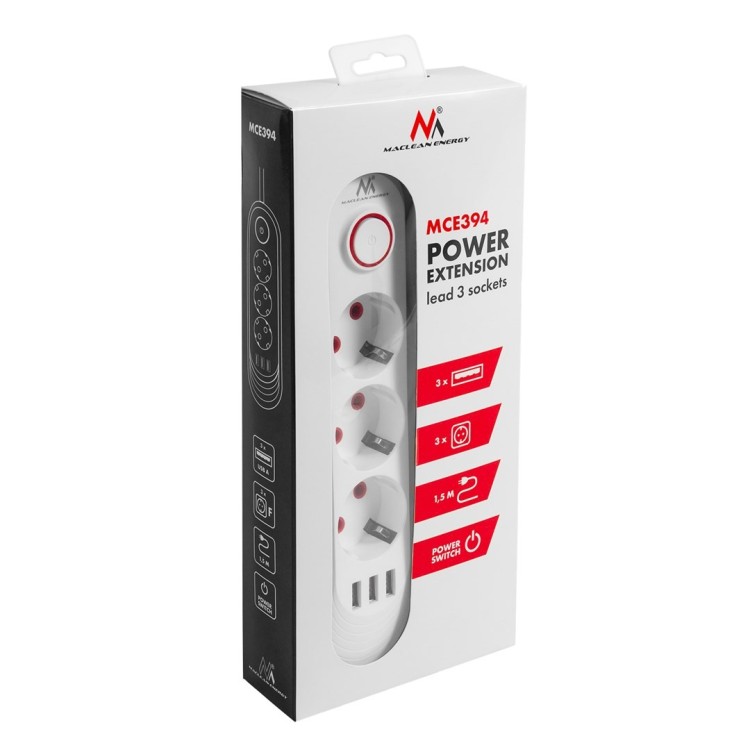 MACLEAN LISTWA ZASILAJĄCA, PRZEDŁUŻACZ 3 GNIAZDA + 3XUSB, 110-240V AC 50/60HZ, 2.1A MAX 2500W, 1,5M, BIAŁA MCE394 W