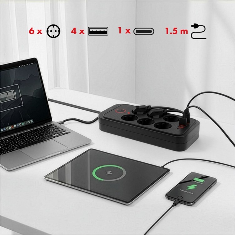 MACLEAN LISTWA ZASILAJĄCA, PRZEDŁUŻACZ 6 GNIAZD + 4XUSB, 110-240V AC 50/60HZ, 2.1A MAX 2500W, 1,5 M, CZARNA MCE389 B