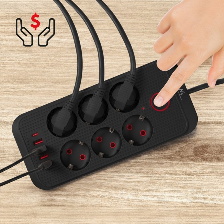 MACLEAN LISTWA ZASILAJĄCA, PRZEDŁUŻACZ 6 GNIAZD + 4XUSB, 110-240V AC 50/60HZ, 2.1A MAX 2500W, 1,5 M, CZARNA MCE389 B